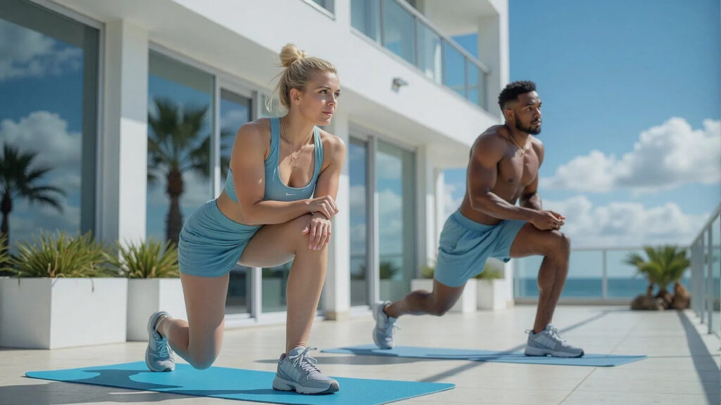 Momak i devojka treniraju na terasi
