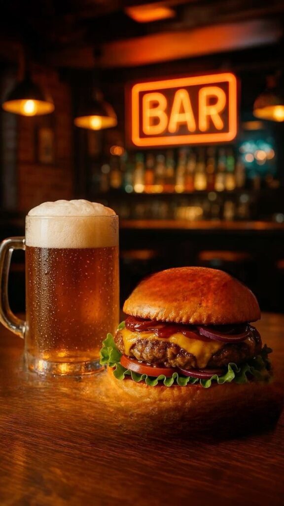 Fotografija čaše piva uz tanjir brze hrane, simbol “skrivenih kalorija”.