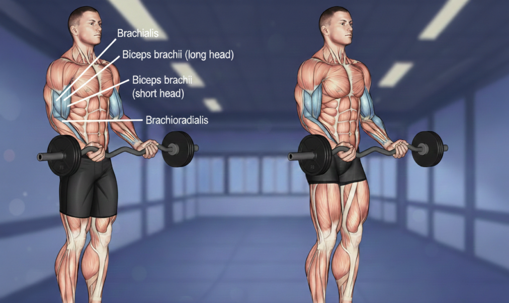 Mišići koji se aktiviraju prilikom izvođenja vežbe "EZ Bar Curl"